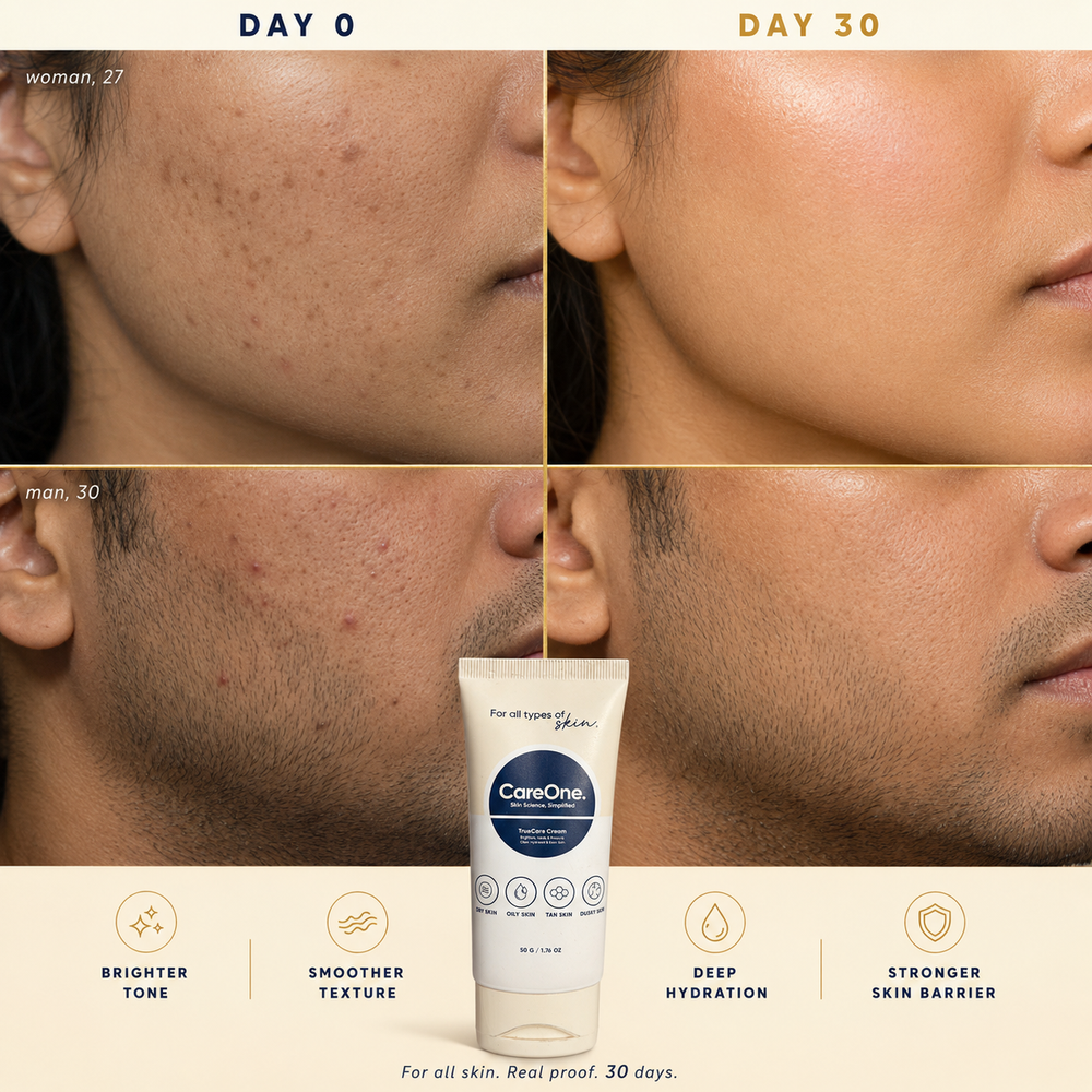 CareOne TrueCare Cream 30-day skin transformation — woman and man