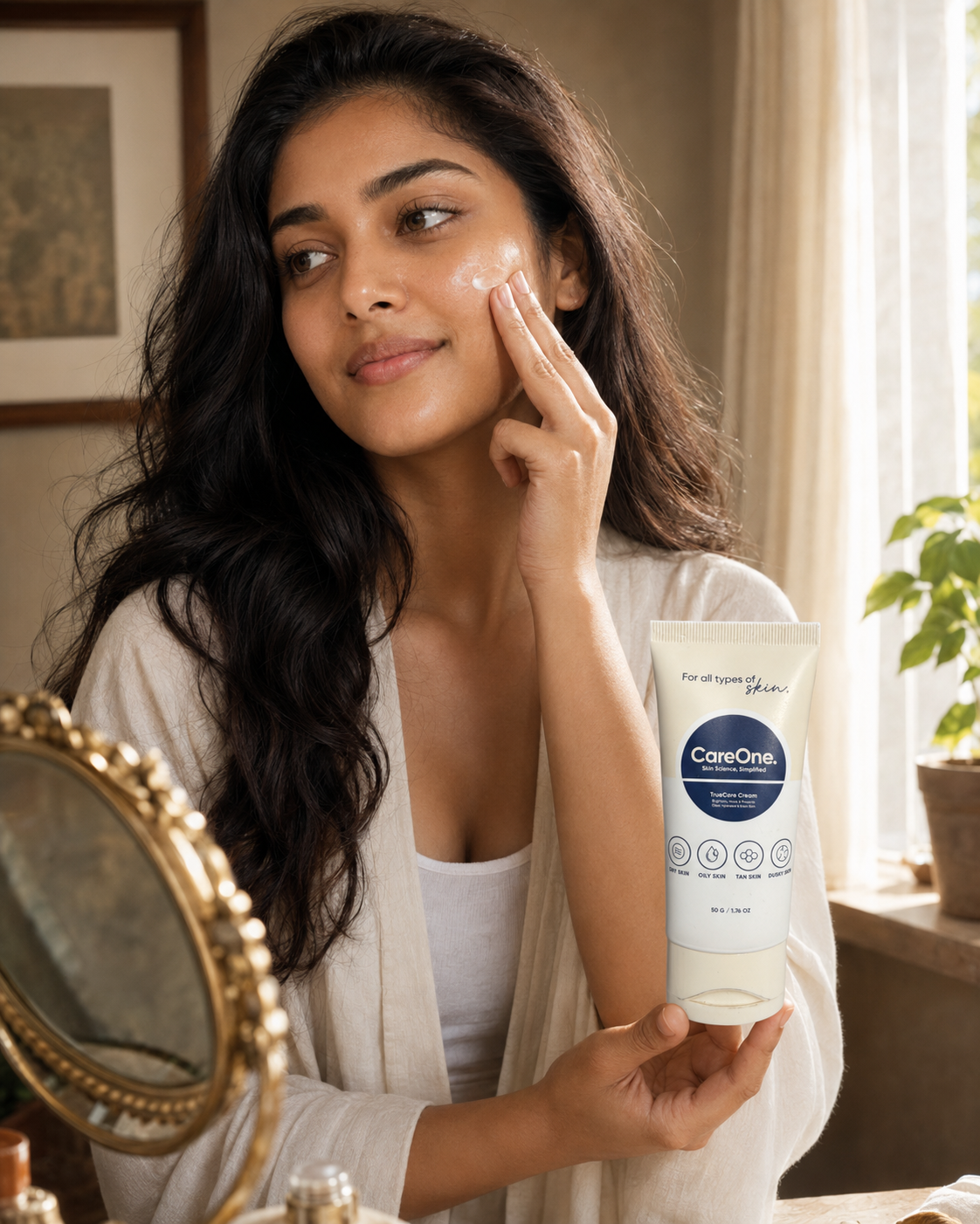 Priya, 26, Mumbai — applying CareOne TrueCare cream in her morning skincare routine
