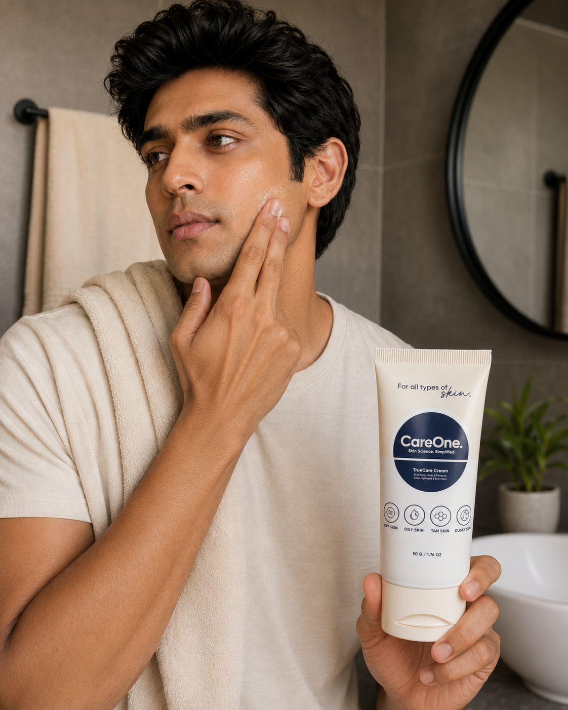 Arjun, 29, Bangalore — applying CareOne TrueCare cream after his shave