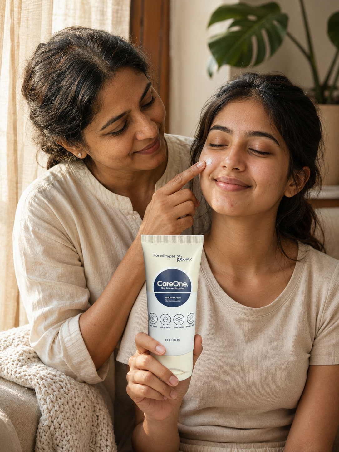 Meera and Aanya, mother and daughter from Pune — sharing CareOne TrueCare cream on a weekend morning