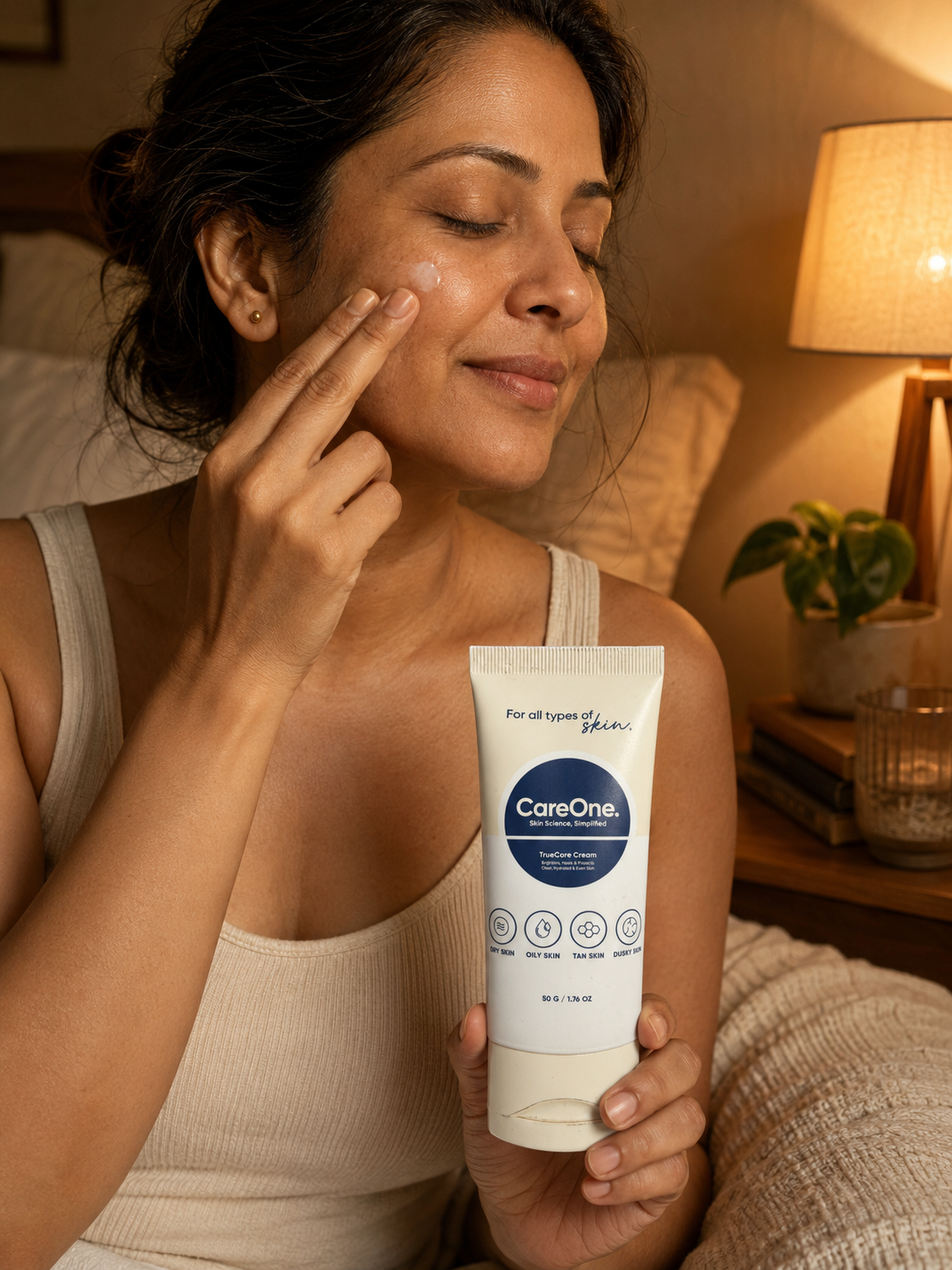 Naina, 34, Delhi — applying CareOne TrueCare cream in her warm bedroom corner at the end of the day