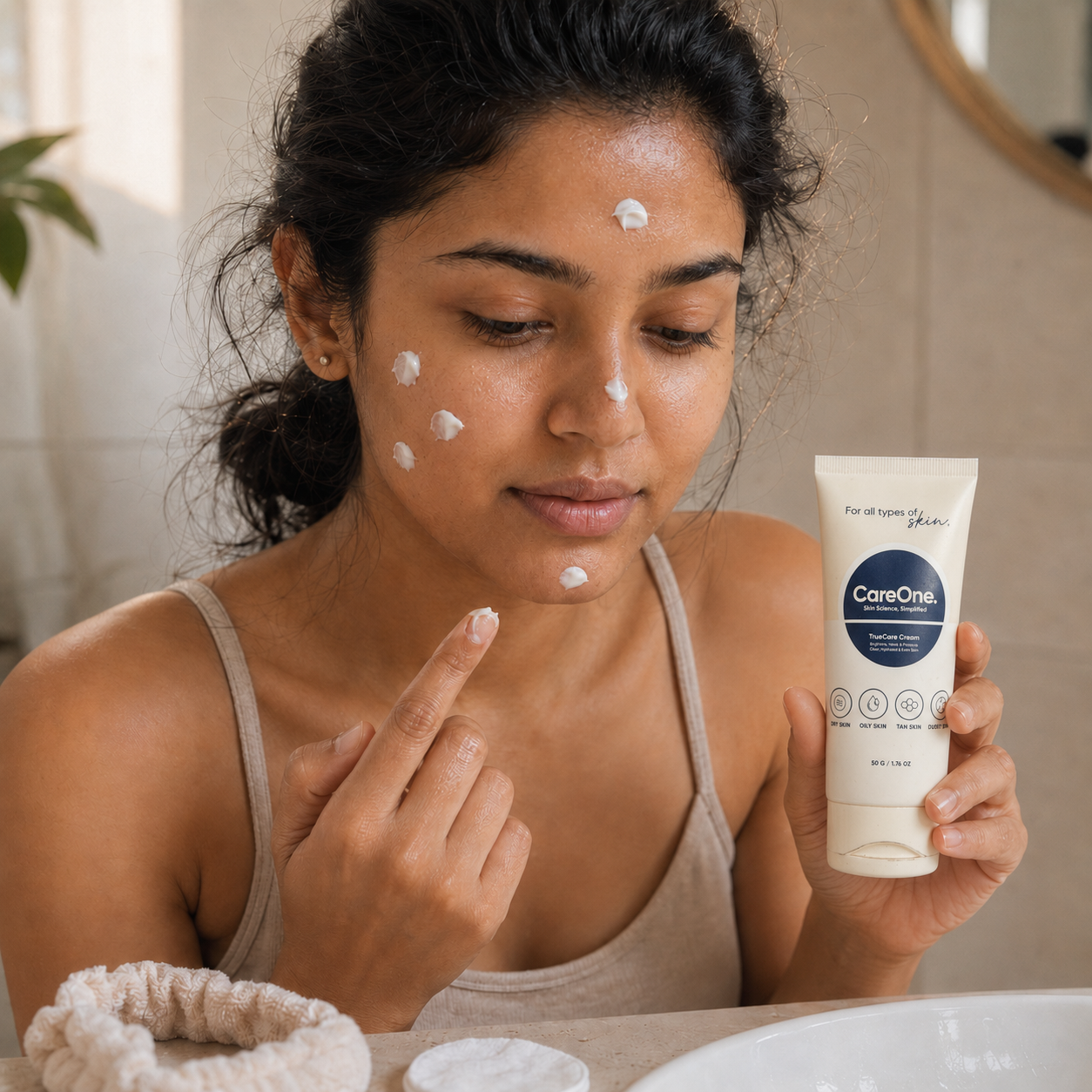 Step 2 — pea-sized dots of TrueCare on cheeks, forehead, nose and chin