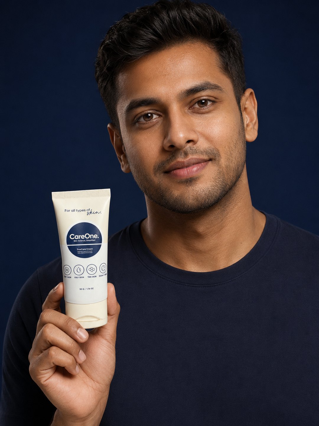 Indian man with CareOne TrueCare Cream — anti-routine skincare for men