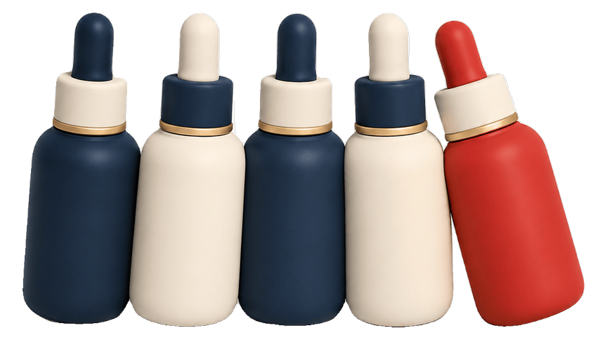3D illustration of five skincare bottles crowded together, one red — too many actives layered for glow