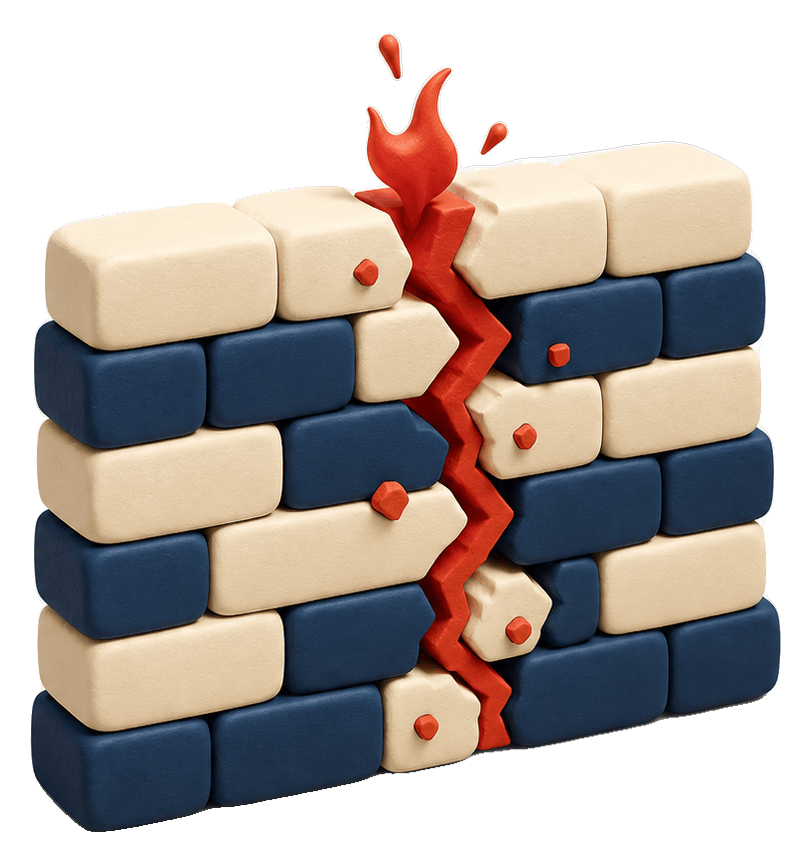 3D cracked brick wall barrier with a red fracture and flame — skin damage mistaken for purging