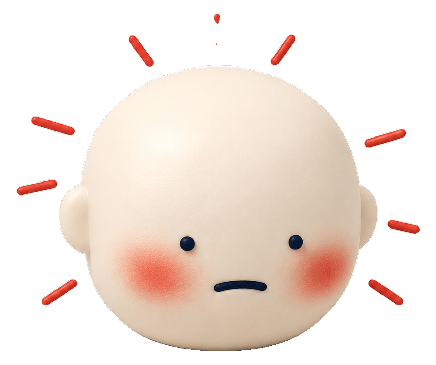 3D stressed face with red flushed cheeks and irritation lines — tight, angry, overworked skin
