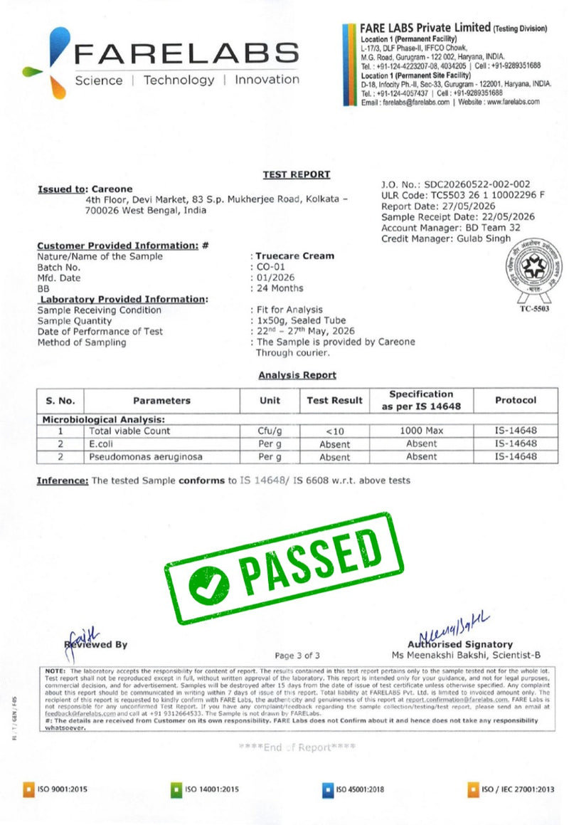 CareOne TrueCare Microbiologically Safe — FARE Labs test report