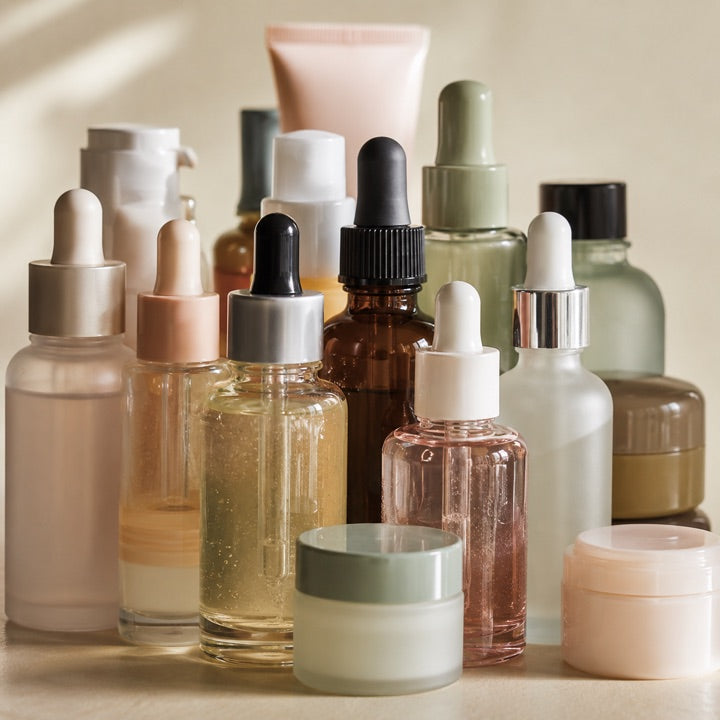 Too many skincare serum bottles crowded together — over-layering actives at once