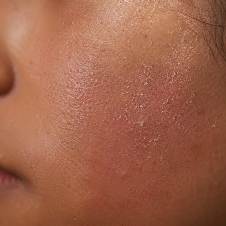 Close-up of irritated, dry, flaking skin — a damaged skin barrier