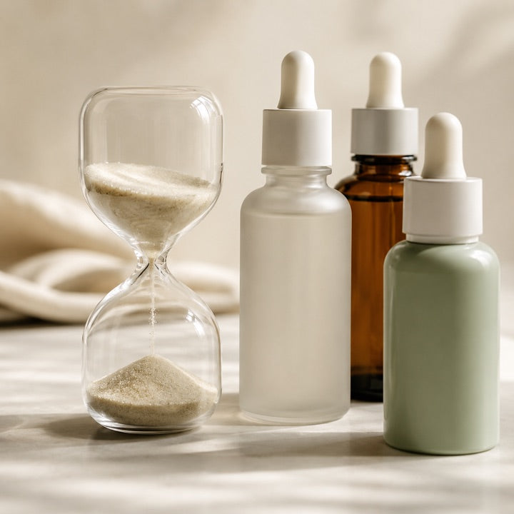 Hourglass beside skincare bottles — switching products before they get time to work