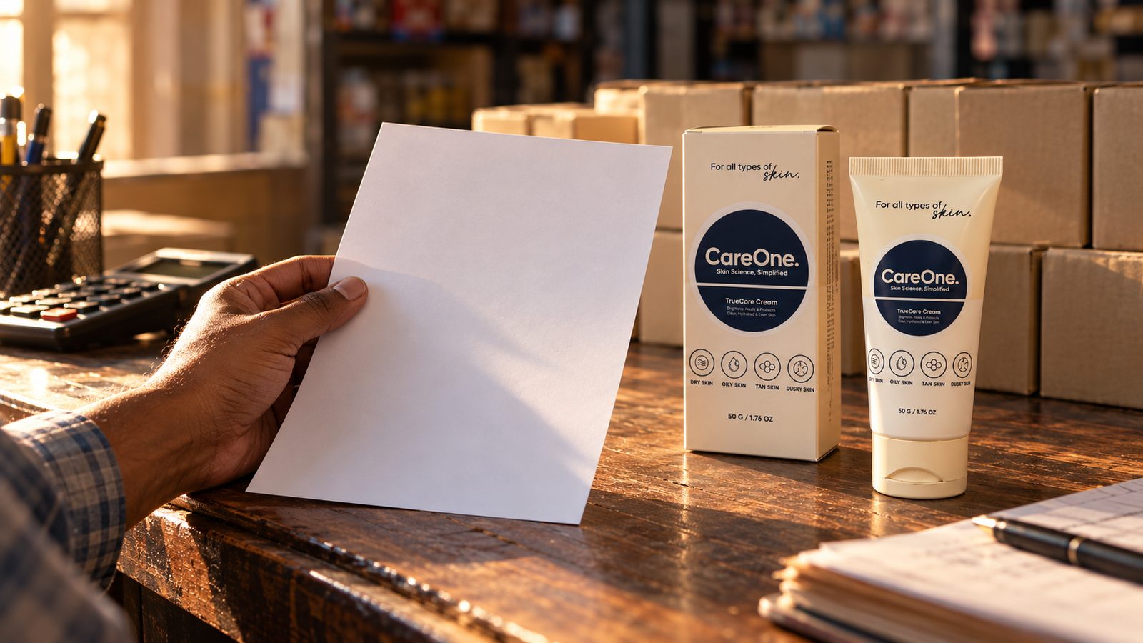 CareOne rate card and tube on a shop counter