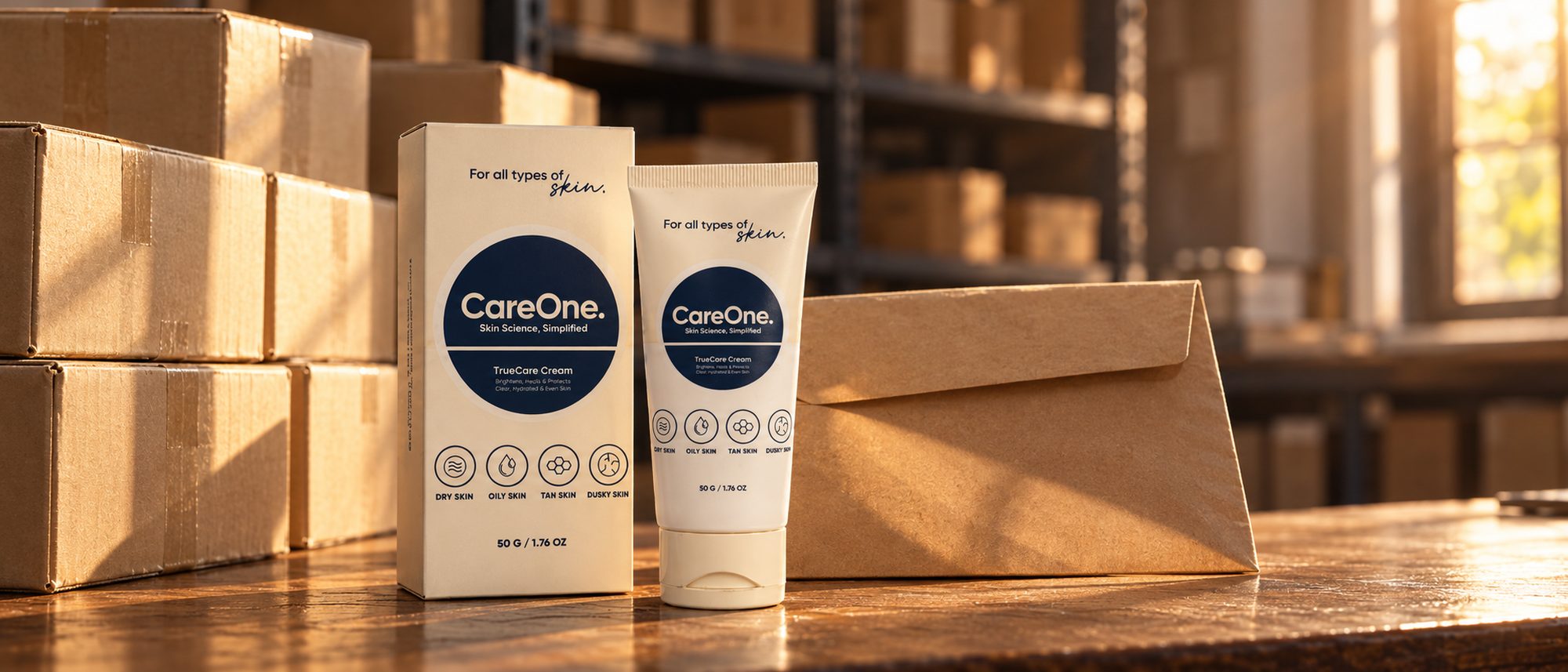 CareOne cartons and tube on a warehouse counter