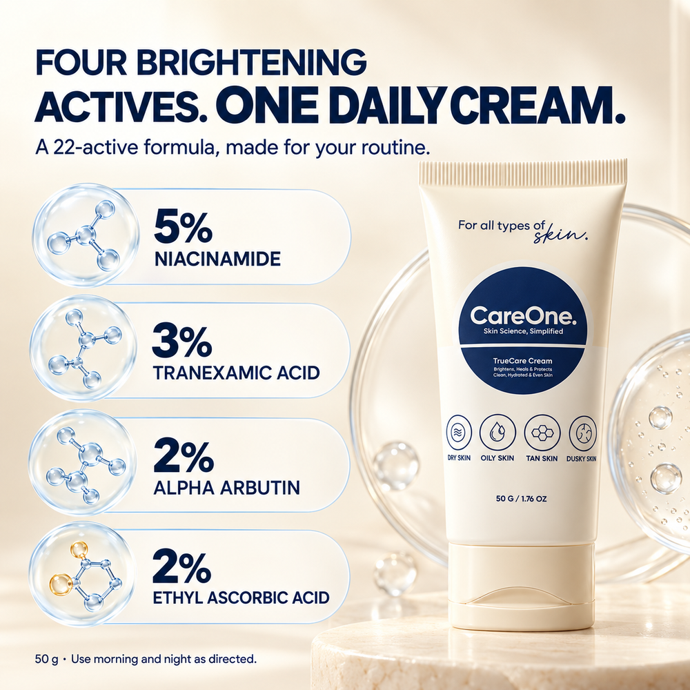 Four brightening actives in TrueCare Cream — 5% Niacinamide, 3% Tranexamic Acid, 2% Alpha Arbutin, 2% Ethyl Ascorbic Acid