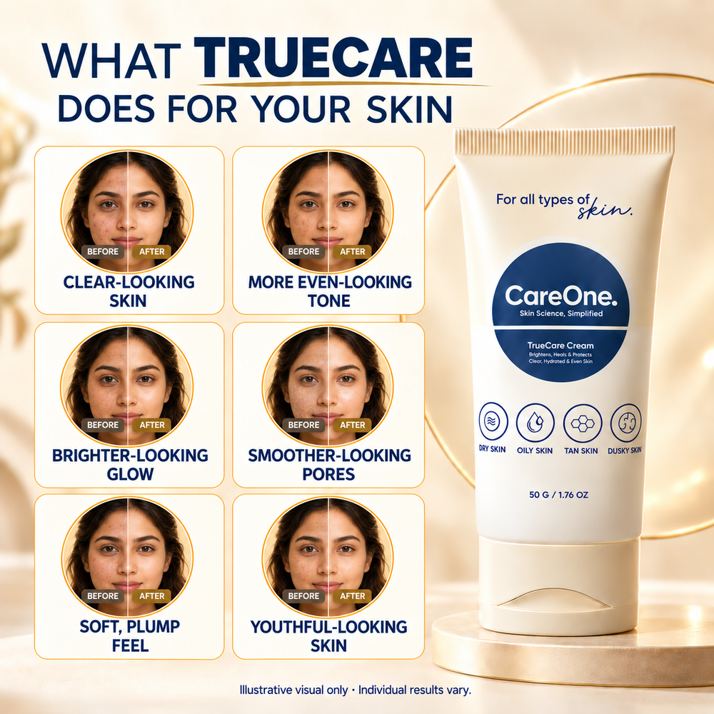 What TrueCare Cream does for your skin — before and after results: clear-looking skin, more even tone, brighter glow, smoother pores, soft plump feel and youthful-looking skin